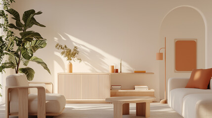 Cozy modern living room with warm tones and natural light