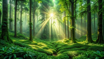 Intricate layers of optical seamless patterns captured in a lush emerald forest during early morning light