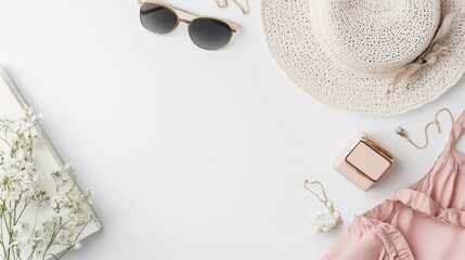 Stylish Flatlay with Sunglasses Hat and Flowers on White Background