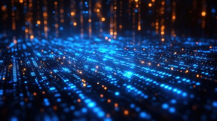 Abstract digital background with blue binary code and numbers in the dark, computer technology concep