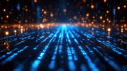 Abstract digital background with blue binary code and numbers in the dark, computer technology concep