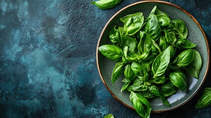 Obraz premium A top view of crispy fried basil leaves scattered on a plate, with space around for adding text.