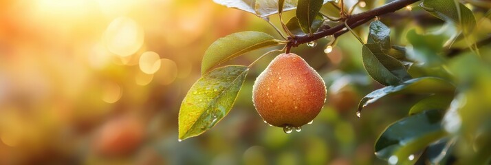 Ripe pear fruit growing on tree