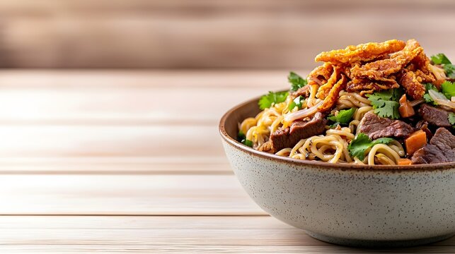 Delicious Kuay Teow Reua Boat Noodles - Spicy Thai Cuisine with Beef Pork and Crispy Rinds in an Elegant Ceramic Bowl on a Rustic Wooden Table
