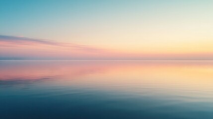 Fototapeta premium A tranquil lake reflecting the colors of the sunrise, with space above the horizon for adding text.