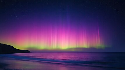 Obraz premium A vibrant display of Aurora Australis with an empty coastline and open sky for adding text.