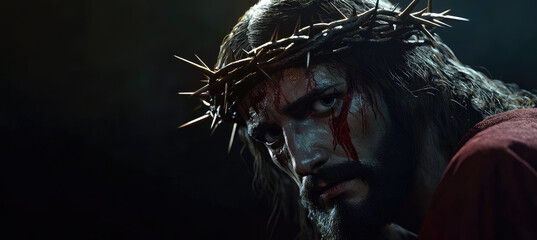 Jesus Christ with a crown of thorns, set against a dark background