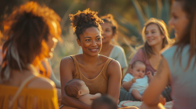 Diverse group of mothers with newborn babies sitting together outdoors, enjoying a warm summer day, bonding and supporting each other in a relaxed natural setting, celebrating motherhood and community
