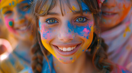 Closeup of European child joyfully celebrating Holi festival with colorful powder, paints, vibrant smiles, and Diwali music, capturing the essence of Indian culture, tradition, and festive joy, party