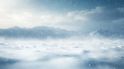 Obraz premium A winter landscape covered in heavy snow during a storm, with a vast area of sky and snow for text placement. -