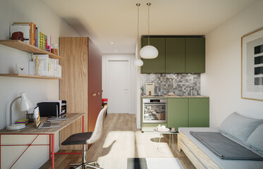 Modern student apartment interior. 3D Rendering.