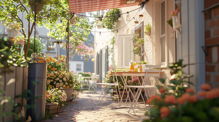 Charming outdoor cafe with vibrant flowers and cozy seating