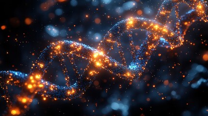 Blue and orange DNA on dark background with bokeh effect