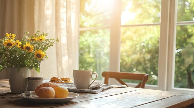 A wooden table set for a cozy breakfast, with a bright window view and room for copy in the background.