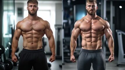 Fototapeta premium A split image showcasing a muscular man in profile, highlighting his fitness transformation with contrasting lighting and background colors.