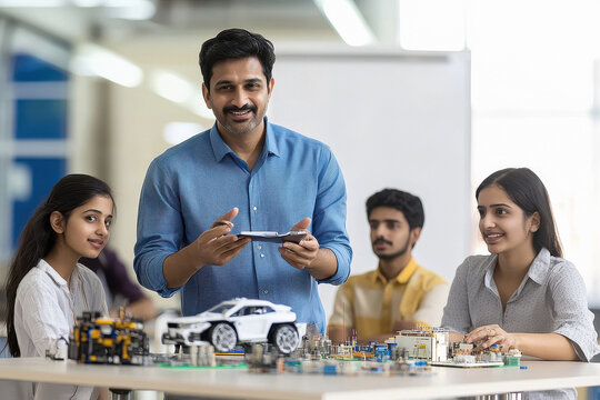 Indian male teacher standing in front of a whiteboard while teaching students sitting at tables with various electronic components like bread boards, quad boards. A future car toy model on a table