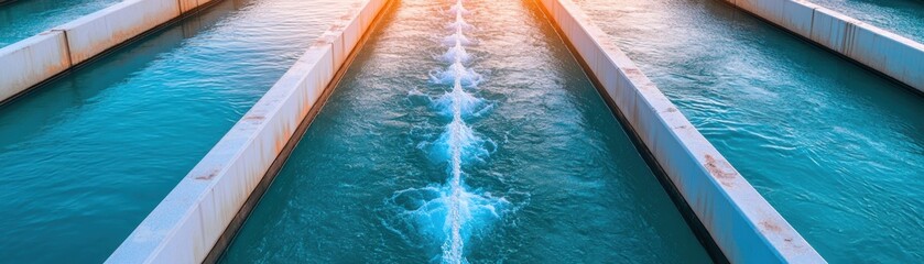 Obraz premium serene water flows through channels, reflecting warm glow of sunset. This tranquil scene captures beauty of nature and engineering harmoniously. 