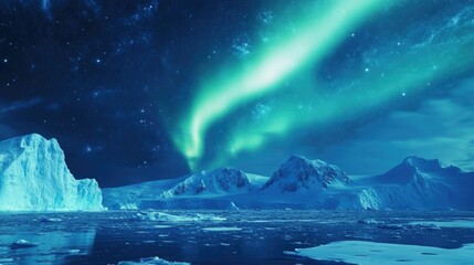 Naklejka premium Aurora Australis lighting up a vast Antarctic sky with ample space for text in the lower sky. -