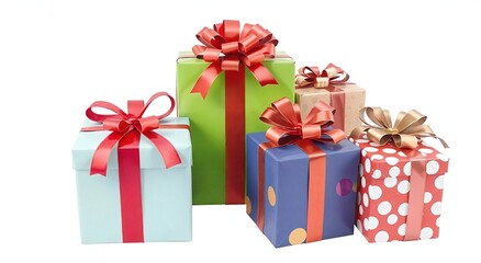 Colorful wrapped presents in vibrant hues, ideal for Christmas, birthdays, or celebrations. Perfect for festive designs and holiday promotions.