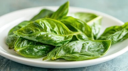 Close-up of golden-brown fried basil leaves on a white dish, with a clean background for text placement.