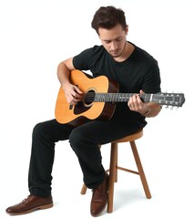 Obraz premium A young man playing an acoustic guitar isolated on a white background. Ideal for music-related projects and creative designs.