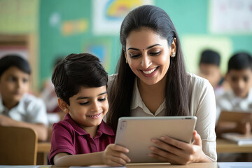 A smiling Indian female teacher is sitting with her student in front of an iPad, they look happy and focused on the screen as she shows them something from it. The classroom background