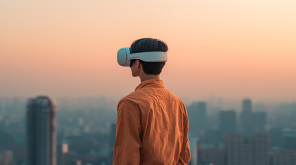 Fototapeta premium Man in VR headset overlooking city skyline at sunset.