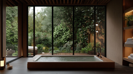 Fototapeta premium Serene spa retreat with garden view and modern jacuzzi