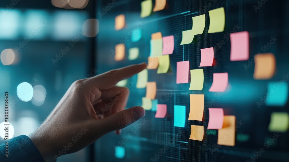 Aufkleber team members' hands arranging digital sticky notes on a large touchscreen, blurred coworking space, 