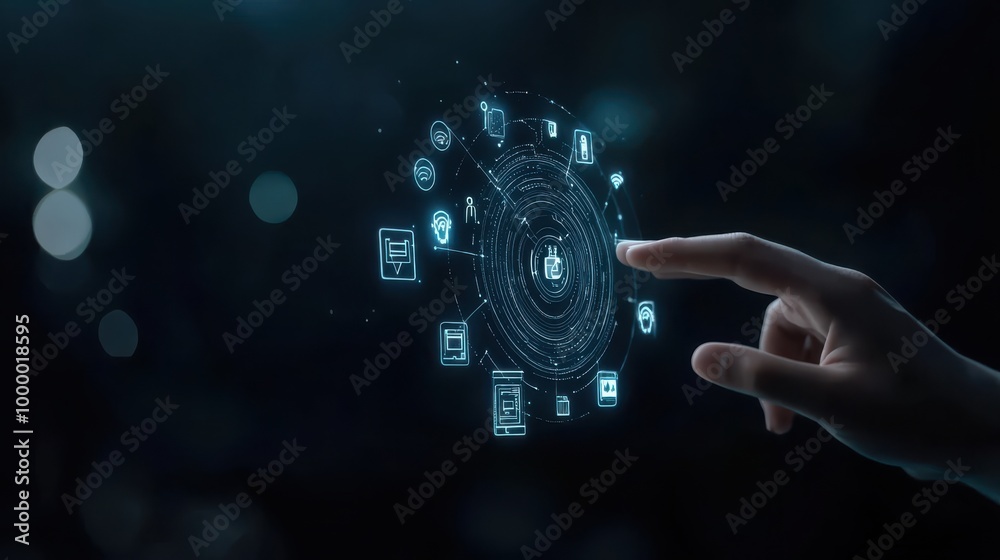 Leinwandbilder animated concept of a digital assistant in the form of a hologram guiding a hand to various icons, [