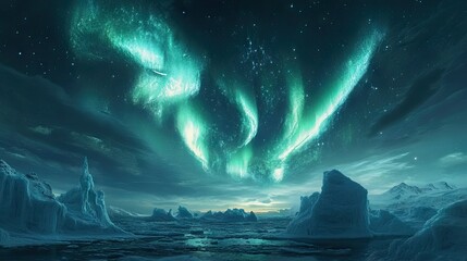 The Southern Lights swirling in the night sky above icebergs, leaving ample room for text.