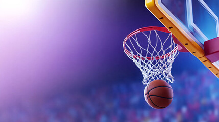 Basketball swishing through the net, with a blurred crowd cheering in the background.