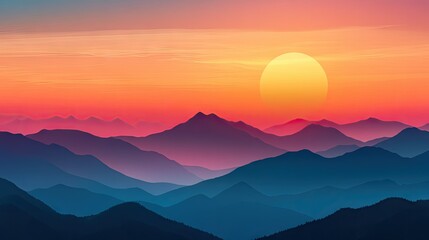 Obraz premium The sun setting behind a mountain range with a colorful sky, leaving ample space in the sky for adding copy.