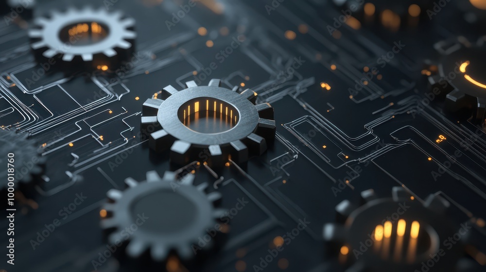 Poster Abstract hologram of interconnected gears symbolizing seamless online workflow automation, [Efficiency, Digital Assistance]