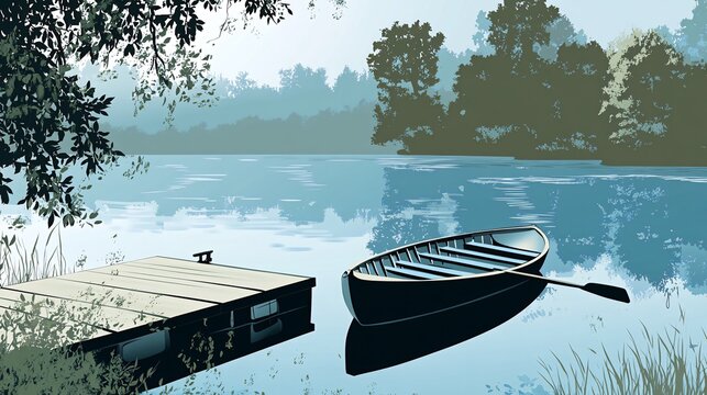A serene lake scene with a wooden dock and a small boat floating on the water.