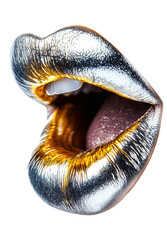 Obraz premium Open female mouth with silver lips and white teeth, isolated on transparent background, png