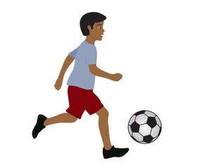 Boy, kid running with football. Child playing soccer. Isolated. Vector illustration.