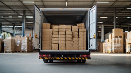 Delivery truck loaded with cardboard boxes in a warehouse interior. Logistic theme.