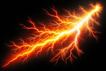 Isolated red orange lightning bolt strike on white background with forced perspective