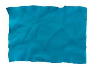 A piece of torn blue fabric on a white background. Textile isolate