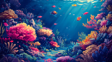 Explore an underwater world teeming with life, where coral reefs bloom like gardens and fish dart like shooting stars in the vast ocean expanse. Coral Garden. Illustration