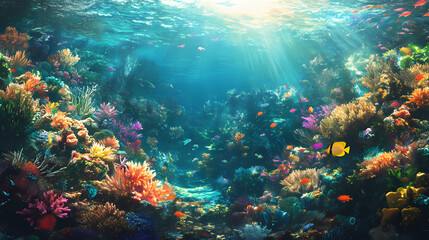 Fototapeta premium Explore an underwater world teeming with life, where coral reefs bloom like gardens and fish dart like shooting stars in the vast ocean expanse. Coral Garden. Illustration