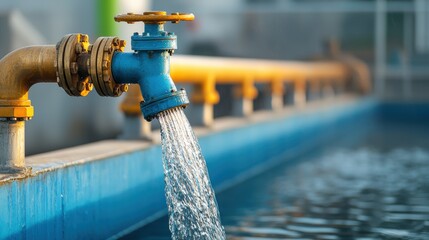 Obraz premium Water flows from blue industrial pipe into large tank, showcasing importance of water management in urban settings. scene highlights infrastructure and efficiency. 