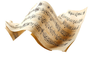 Sheets of Music Floating Mid-Air, Isolated on Transparent Background	