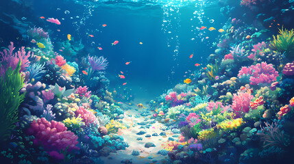Fototapeta premium Explore an underwater world teeming with life, where coral reefs bloom like gardens and fish dart like shooting stars in the vast ocean expanse. Coral Garden. Illustration