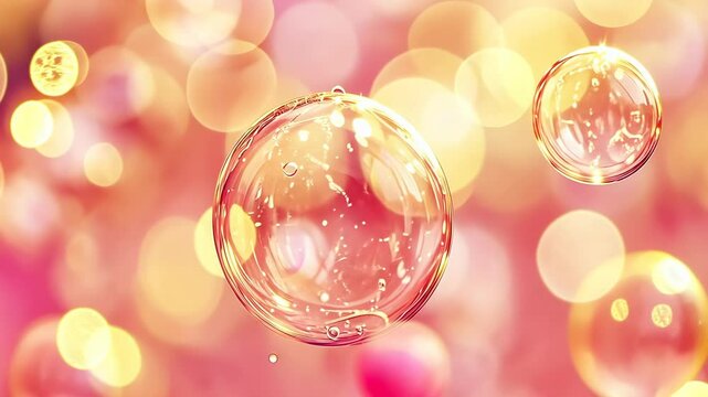 A close-up view of a floating soap bubble against a warm, bokeh-filled background. The scene captures the delicate, iridescent surface of the bubble with blurred circles of light in the backdrop. The
