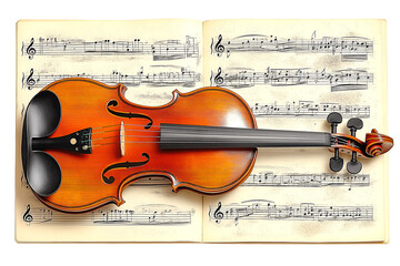 Fototapeta premium Orchestra sheet music with a violin placed on top, isolated on transparent background 