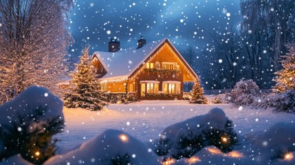 Fototapeta premium Serene winter scene snow covered home adorned with christmas lights on a peaceful night