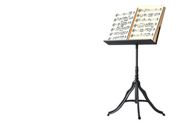 Music stand with sheet music placed on it, isolated on a transparent background	