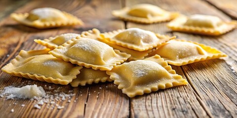 Italian handmade ravioli on wooden table macro shot